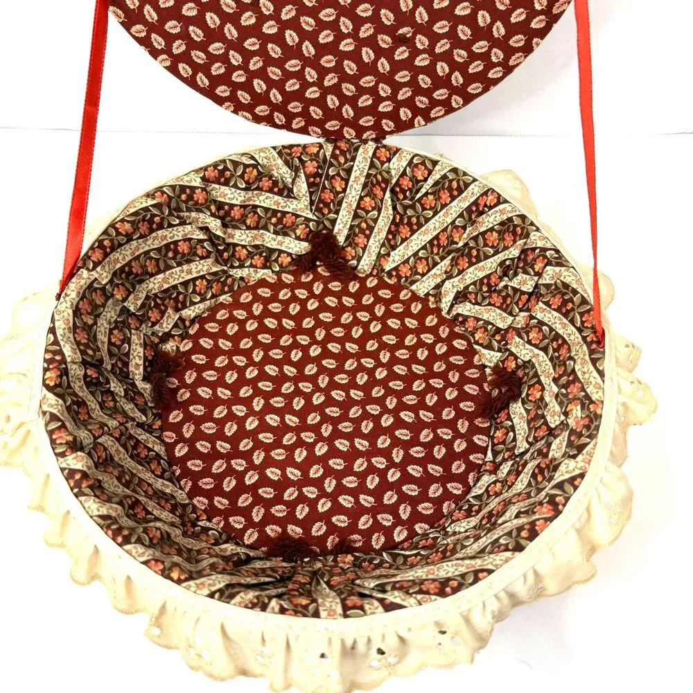 Calico Floral Quilted Sewing Box w/Eyelet Lace Mid-Century Craft Basket Vintage